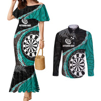 Personalised New Zealand Darts Couples Matching Mermaid Dress and Long Sleeve Button Shirt Koru Tribal Tattoo and Silver Fern Maori Pattern Teal Color LT03 Teal - Polynesian Pride