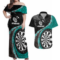 Personalised New Zealand Darts Couples Matching Off Shoulder Maxi Dress and Hawaiian Shirt Koru Tribal Tattoo and Silver Fern Maori Pattern Teal Color LT03 Teal - Polynesian Pride