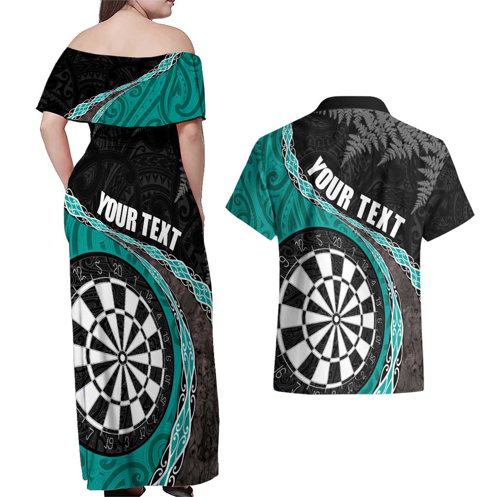 Personalised New Zealand Darts Couples Matching Off Shoulder Maxi Dress and Hawaiian Shirt Koru Tribal Tattoo and Silver Fern Maori Pattern Teal Color LT03 - Polynesian Pride
