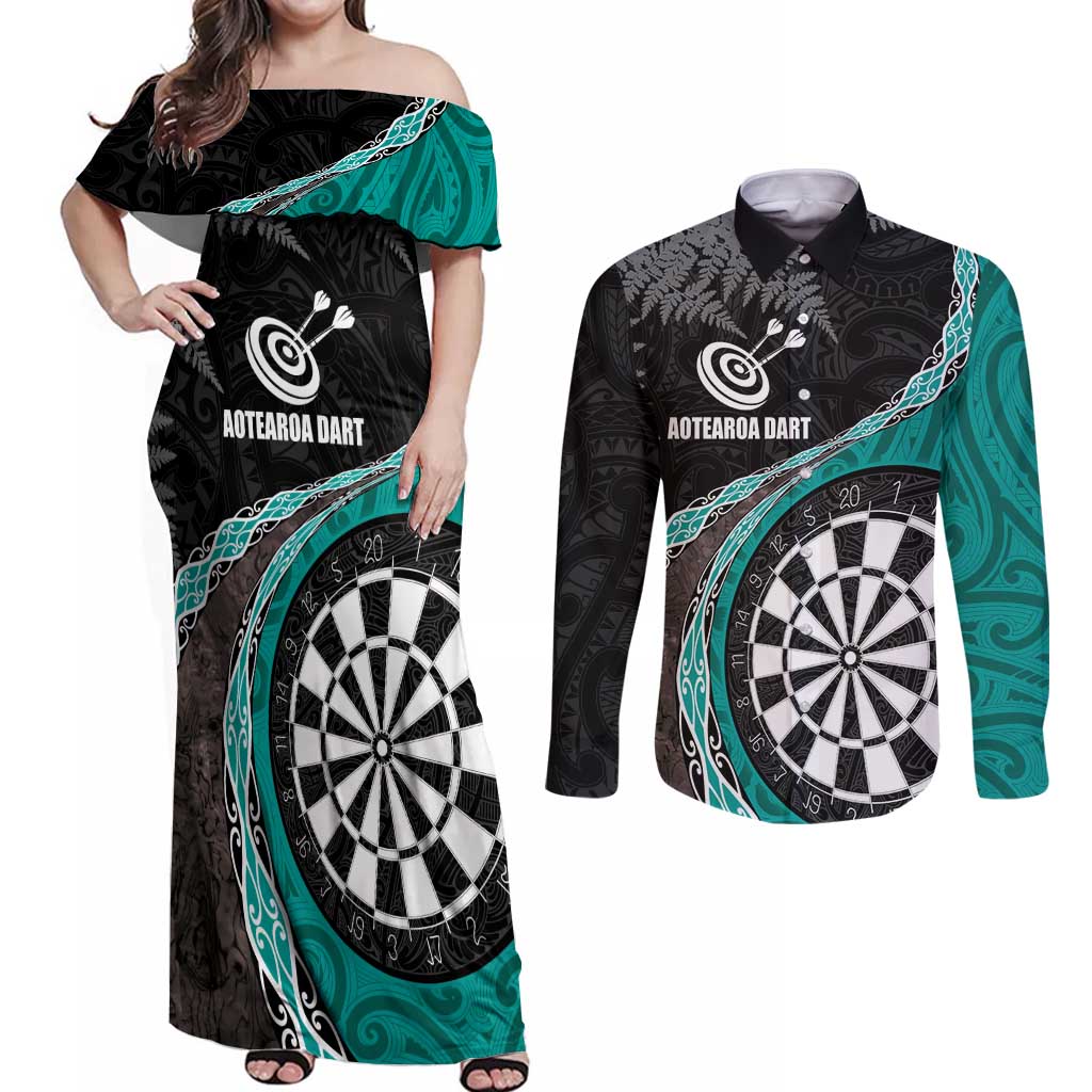 Personalised New Zealand Darts Couples Matching Off Shoulder Maxi Dress and Long Sleeve Button Shirt Koru Tribal Tattoo and Silver Fern Maori Pattern Teal Color LT03 Teal - Polynesian Pride
