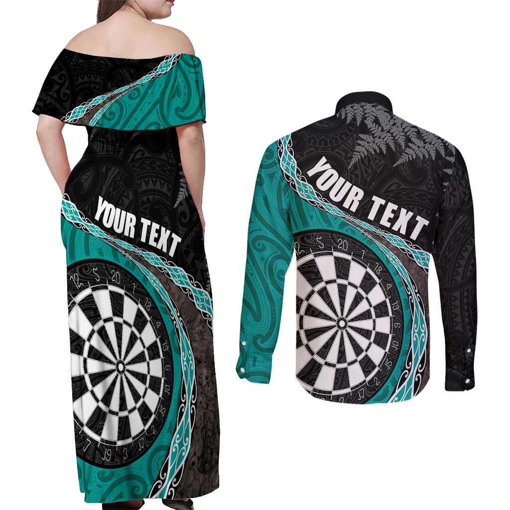 Personalised New Zealand Darts Couples Matching Off Shoulder Maxi Dress and Long Sleeve Button Shirt Koru Tribal Tattoo and Silver Fern Maori Pattern Teal Color LT03 - Polynesian Pride