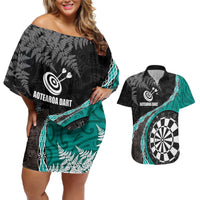 Personalised New Zealand Darts Couples Matching Off Shoulder Short Dress and Hawaiian Shirt Koru Tribal Tattoo and Silver Fern Maori Pattern Teal Color LT03 Teal - Polynesian Pride
