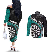Personalised New Zealand Darts Couples Matching Off The Shoulder Long Sleeve Dress and Long Sleeve Button Shirt Koru Tribal Tattoo and Silver Fern Maori Pattern Teal Color LT03 - Polynesian Pride