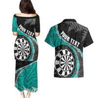 Personalised New Zealand Darts Couples Matching Puletasi and Hawaiian Shirt Koru Tribal Tattoo and Silver Fern Maori Pattern Teal Color LT03 - Polynesian Pride