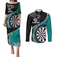 Personalised New Zealand Darts Couples Matching Puletasi and Long Sleeve Button Shirt Koru Tribal Tattoo and Silver Fern Maori Pattern Teal Color LT03 Teal - Polynesian Pride
