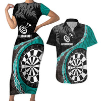 Personalised New Zealand Darts Couples Matching Short Sleeve Bodycon Dress and Hawaiian Shirt Koru Tribal Tattoo and Silver Fern Maori Pattern Teal Color LT03 Teal - Polynesian Pride