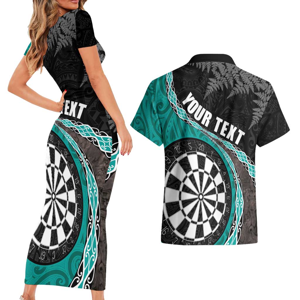Personalised New Zealand Darts Couples Matching Short Sleeve Bodycon Dress and Hawaiian Shirt Koru Tribal Tattoo and Silver Fern Maori Pattern Teal Color LT03 - Polynesian Pride