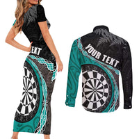 Personalised New Zealand Darts Couples Matching Short Sleeve Bodycon Dress and Long Sleeve Button Shirt Koru Tribal Tattoo and Silver Fern Maori Pattern Teal Color LT03 - Polynesian Pride