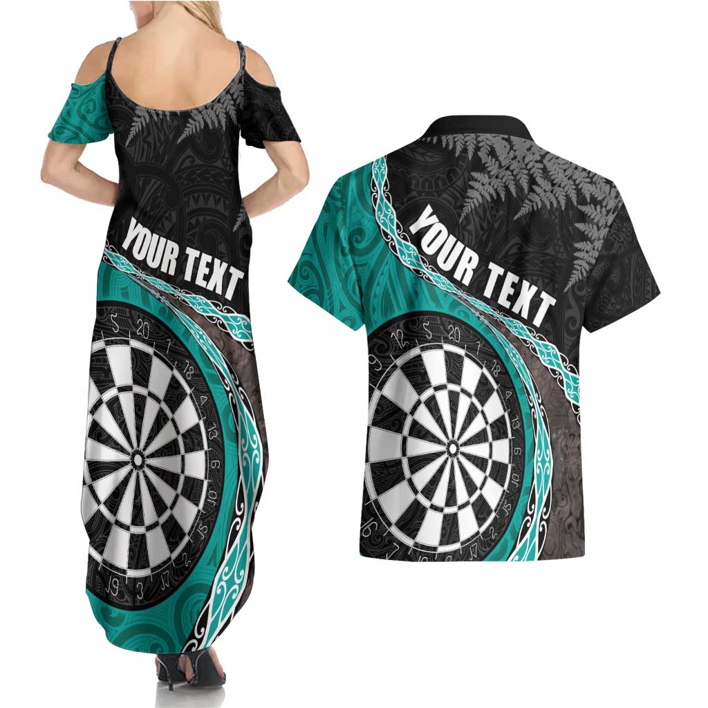 Personalised New Zealand Darts Couples Matching Summer Maxi Dress and Hawaiian Shirt Koru Tribal Tattoo and Silver Fern Maori Pattern Teal Color LT03 - Polynesian Pride