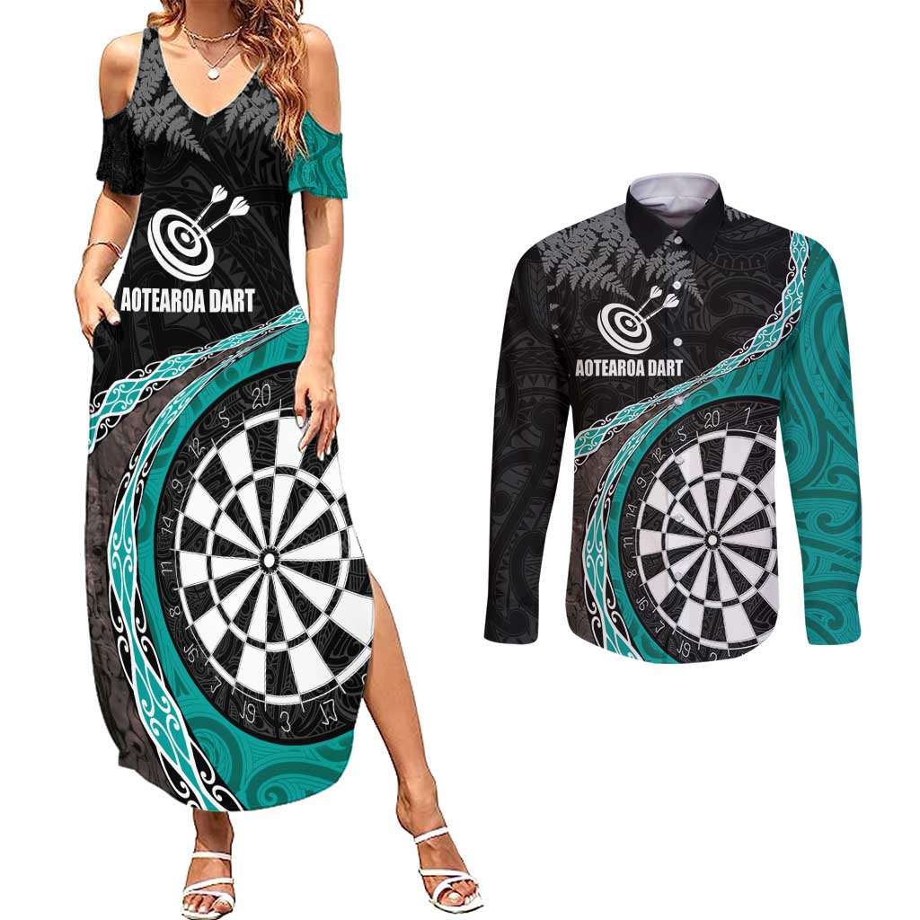 Personalised New Zealand Darts Couples Matching Summer Maxi Dress and Long Sleeve Button Shirt Koru Tribal Tattoo and Silver Fern Maori Pattern Teal Color LT03 Teal - Polynesian Pride