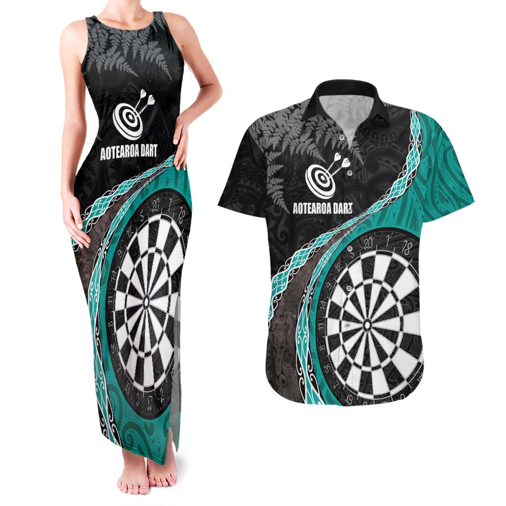 Personalised New Zealand Darts Couples Matching Tank Maxi Dress and Hawaiian Shirt Koru Tribal Tattoo and Silver Fern Maori Pattern Teal Color LT03 Teal - Polynesian Pride