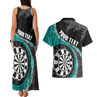 Personalised New Zealand Darts Couples Matching Tank Maxi Dress and Hawaiian Shirt Koru Tribal Tattoo and Silver Fern Maori Pattern Teal Color LT03 - Polynesian Pride