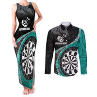 Personalised New Zealand Darts Couples Matching Tank Maxi Dress and Long Sleeve Button Shirt Koru Tribal Tattoo and Silver Fern Maori Pattern Teal Color LT03 Teal - Polynesian Pride