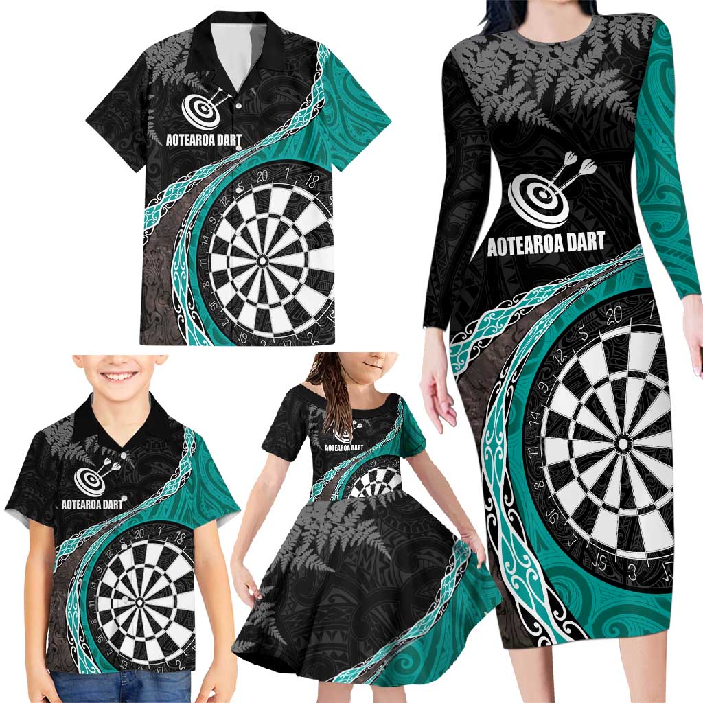 Personalised New Zealand Darts Family Matching Long Sleeve Bodycon Dress and Hawaiian Shirt Koru Tribal Tattoo and Silver Fern Maori Pattern Teal Color LT03 - Polynesian Pride