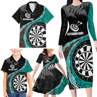 Personalised New Zealand Darts Family Matching Long Sleeve Bodycon Dress and Hawaiian Shirt Koru Tribal Tattoo and Silver Fern Maori Pattern Teal Color LT03 - Polynesian Pride
