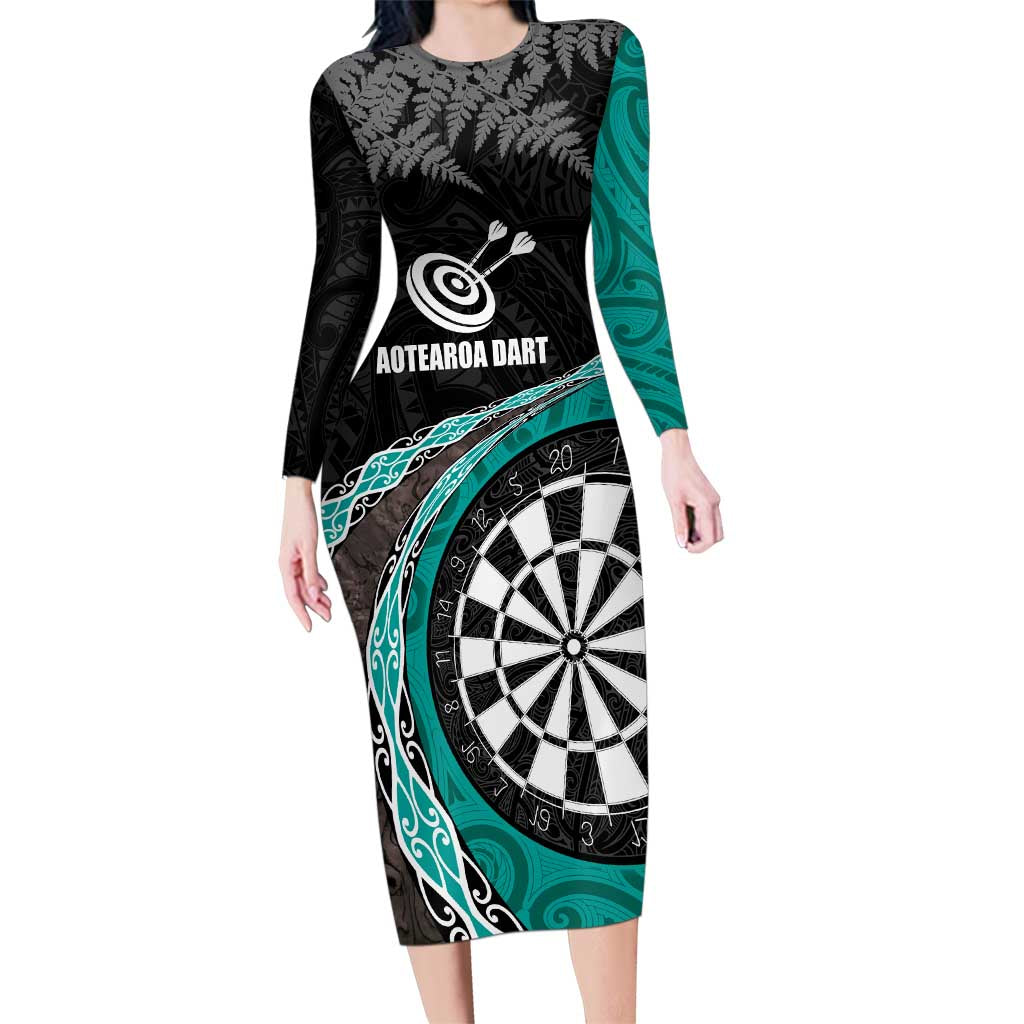 Personalised New Zealand Darts Family Matching Long Sleeve Bodycon Dress and Hawaiian Shirt Koru Tribal Tattoo and Silver Fern Maori Pattern Teal Color LT03 Mom's Dress Teal - Polynesian Pride