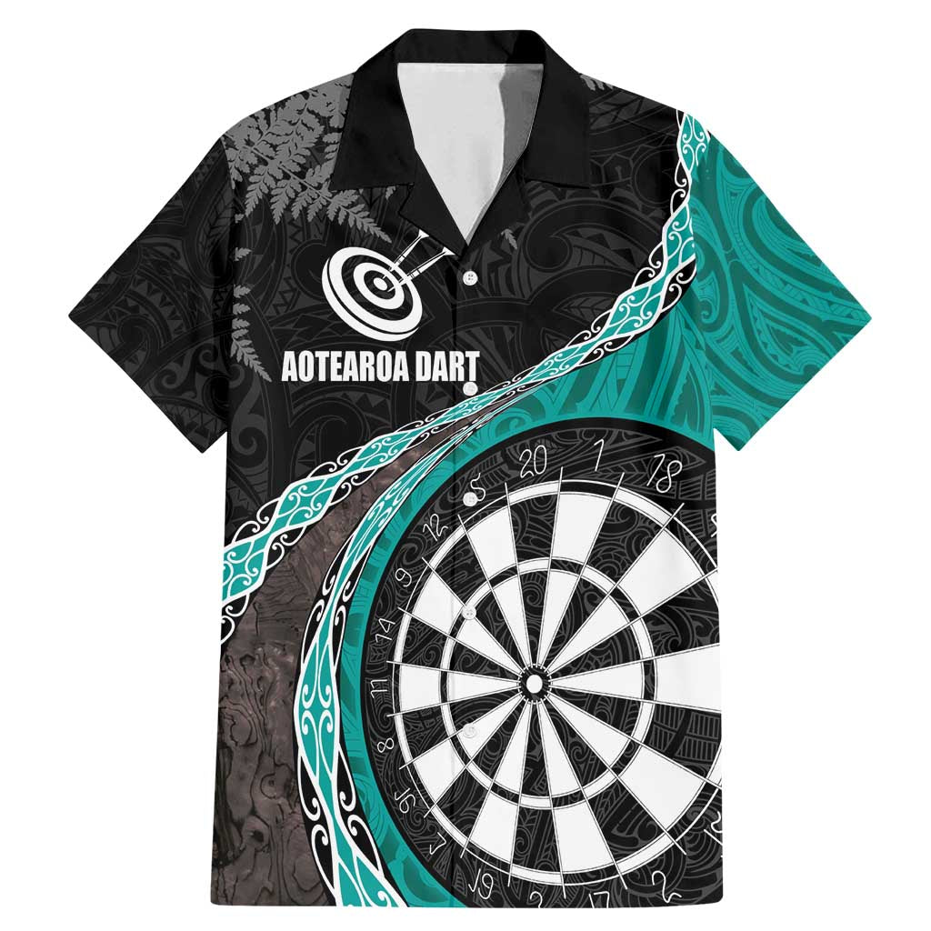 Personalised New Zealand Darts Family Matching Mermaid Dress and Hawaiian Shirt Koru Tribal Tattoo and Silver Fern Maori Pattern Teal Color LT03 Dad's Shirt - Short Sleeve Teal - Polynesian Pride