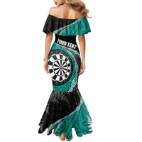 Personalised New Zealand Darts Family Matching Mermaid Dress and Hawaiian Shirt Koru Tribal Tattoo and Silver Fern Maori Pattern Teal Color LT03 - Polynesian Pride