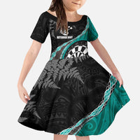 Personalised New Zealand Darts Family Matching Off The Shoulder Long Sleeve Dress and Hawaiian Shirt Koru Tribal Tattoo and Silver Fern Maori Pattern Teal Color LT03 Daughter's Dress Teal - Polynesian Pride