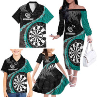 Personalised New Zealand Darts Family Matching Off The Shoulder Long Sleeve Dress and Hawaiian Shirt Koru Tribal Tattoo and Silver Fern Maori Pattern Teal Color LT03 - Polynesian Pride