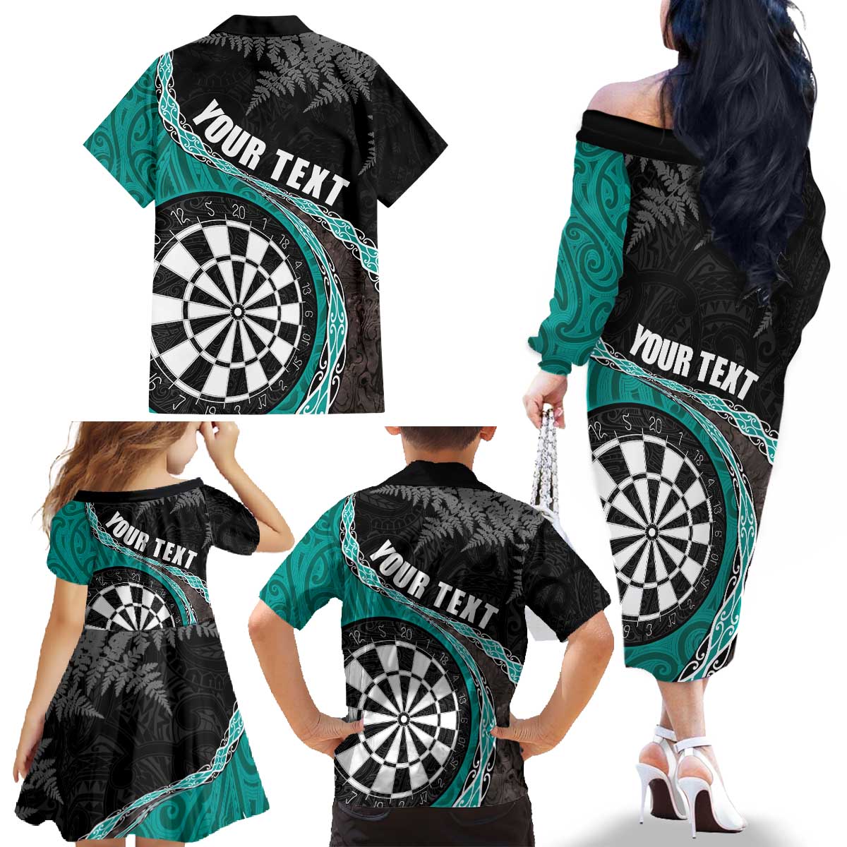 Personalised New Zealand Darts Family Matching Off The Shoulder Long Sleeve Dress and Hawaiian Shirt Koru Tribal Tattoo and Silver Fern Maori Pattern Teal Color LT03 - Polynesian Pride