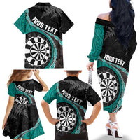 Personalised New Zealand Darts Family Matching Off The Shoulder Long Sleeve Dress and Hawaiian Shirt Koru Tribal Tattoo and Silver Fern Maori Pattern Teal Color LT03 - Polynesian Pride