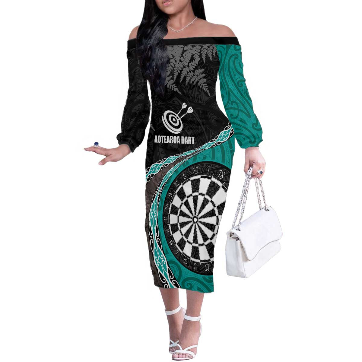 Personalised New Zealand Darts Family Matching Off The Shoulder Long Sleeve Dress and Hawaiian Shirt Koru Tribal Tattoo and Silver Fern Maori Pattern Teal Color LT03 Mom's Dress Teal - Polynesian Pride