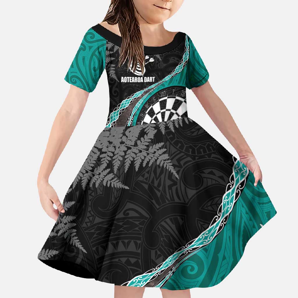 Personalised New Zealand Darts Family Matching Off Shoulder Maxi Dress and Hawaiian Shirt Koru Tribal Tattoo and Silver Fern Maori Pattern Teal Color LT03 Daughter's Dress Teal - Polynesian Pride
