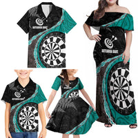 Personalised New Zealand Darts Family Matching Off Shoulder Maxi Dress and Hawaiian Shirt Koru Tribal Tattoo and Silver Fern Maori Pattern Teal Color LT03 - Polynesian Pride