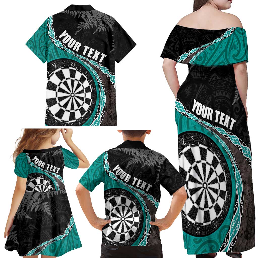 Personalised New Zealand Darts Family Matching Off Shoulder Maxi Dress and Hawaiian Shirt Koru Tribal Tattoo and Silver Fern Maori Pattern Teal Color LT03 - Polynesian Pride