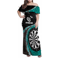 Personalised New Zealand Darts Family Matching Off Shoulder Maxi Dress and Hawaiian Shirt Koru Tribal Tattoo and Silver Fern Maori Pattern Teal Color LT03 Mom's Dress Teal - Polynesian Pride