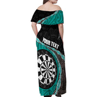 Personalised New Zealand Darts Family Matching Off Shoulder Maxi Dress and Hawaiian Shirt Koru Tribal Tattoo and Silver Fern Maori Pattern Teal Color LT03 - Polynesian Pride