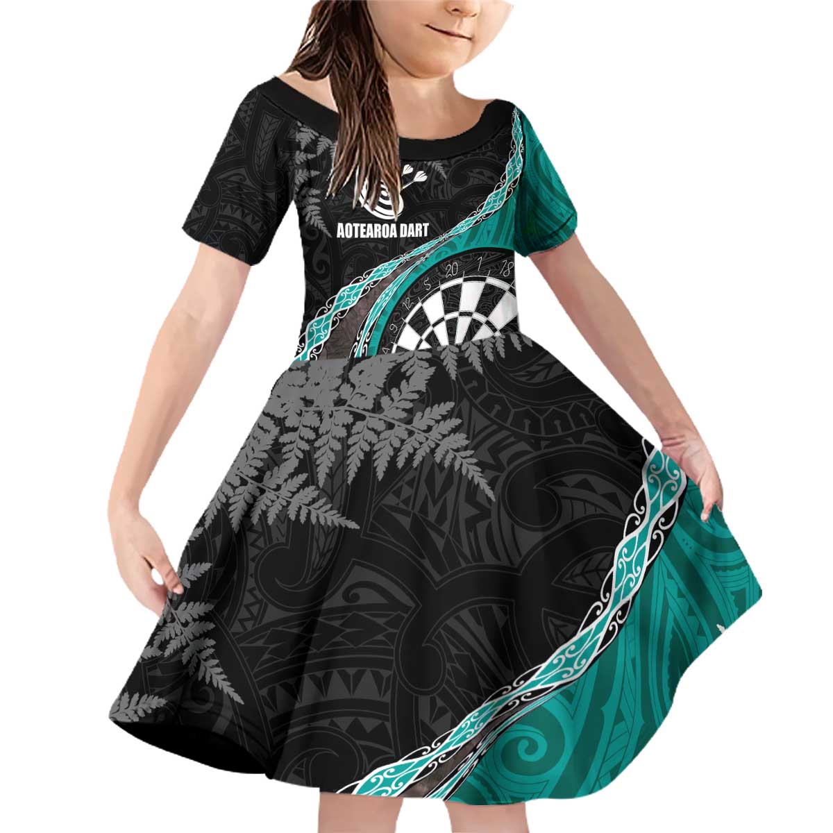 Personalised New Zealand Darts Family Matching Off Shoulder Short Dress and Hawaiian Shirt Koru Tribal Tattoo and Silver Fern Maori Pattern Teal Color LT03 Daughter's Dress Teal - Polynesian Pride