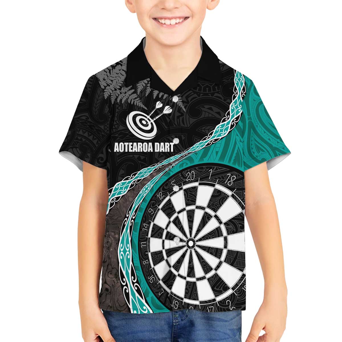 Personalised New Zealand Darts Family Matching Off Shoulder Short Dress and Hawaiian Shirt Koru Tribal Tattoo and Silver Fern Maori Pattern Teal Color LT03 Son's Shirt Teal - Polynesian Pride