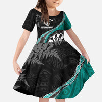 Personalised New Zealand Darts Family Matching Puletasi and Hawaiian Shirt Koru Tribal Tattoo and Silver Fern Maori Pattern Teal Color LT03 Daughter's Dress Teal - Polynesian Pride