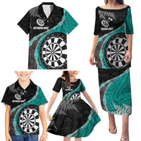 Personalised New Zealand Darts Family Matching Puletasi and Hawaiian Shirt Koru Tribal Tattoo and Silver Fern Maori Pattern Teal Color LT03 - Polynesian Pride