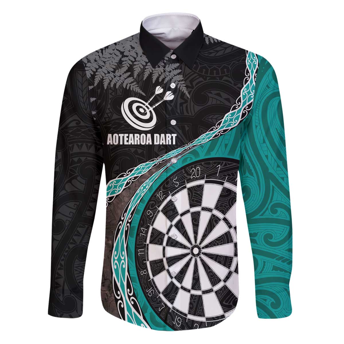 Personalised New Zealand Darts Family Matching Puletasi and Hawaiian Shirt Koru Tribal Tattoo and Silver Fern Maori Pattern Teal Color LT03 Dad's Shirt - Long Sleeve Teal - Polynesian Pride