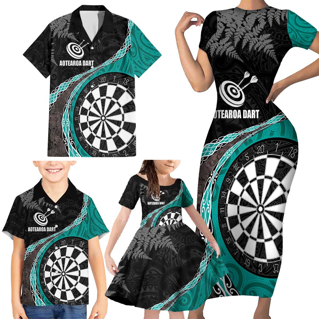 Personalised New Zealand Darts Family Matching Short Sleeve Bodycon Dress and Hawaiian Shirt Koru Tribal Tattoo and Silver Fern Maori Pattern Teal Color LT03 - Polynesian Pride