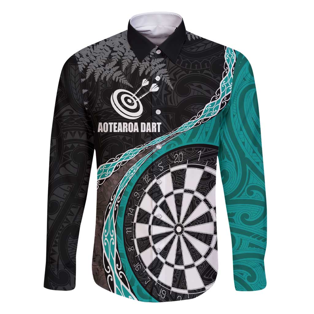 Personalised New Zealand Darts Family Matching Short Sleeve Bodycon Dress and Hawaiian Shirt Koru Tribal Tattoo and Silver Fern Maori Pattern Teal Color LT03 Dad's Shirt - Long Sleeve Teal - Polynesian Pride
