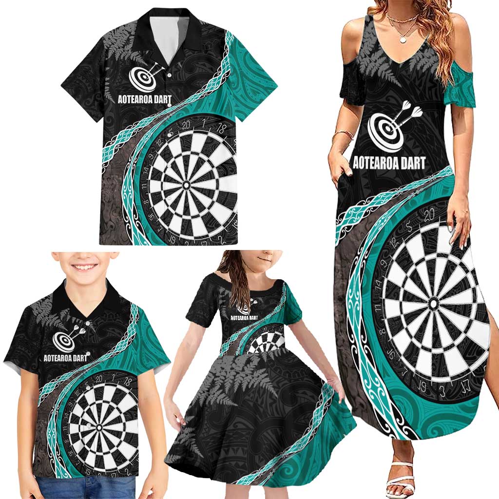 Personalised New Zealand Darts Family Matching Summer Maxi Dress and Hawaiian Shirt Koru Tribal Tattoo and Silver Fern Maori Pattern Teal Color LT03 - Polynesian Pride