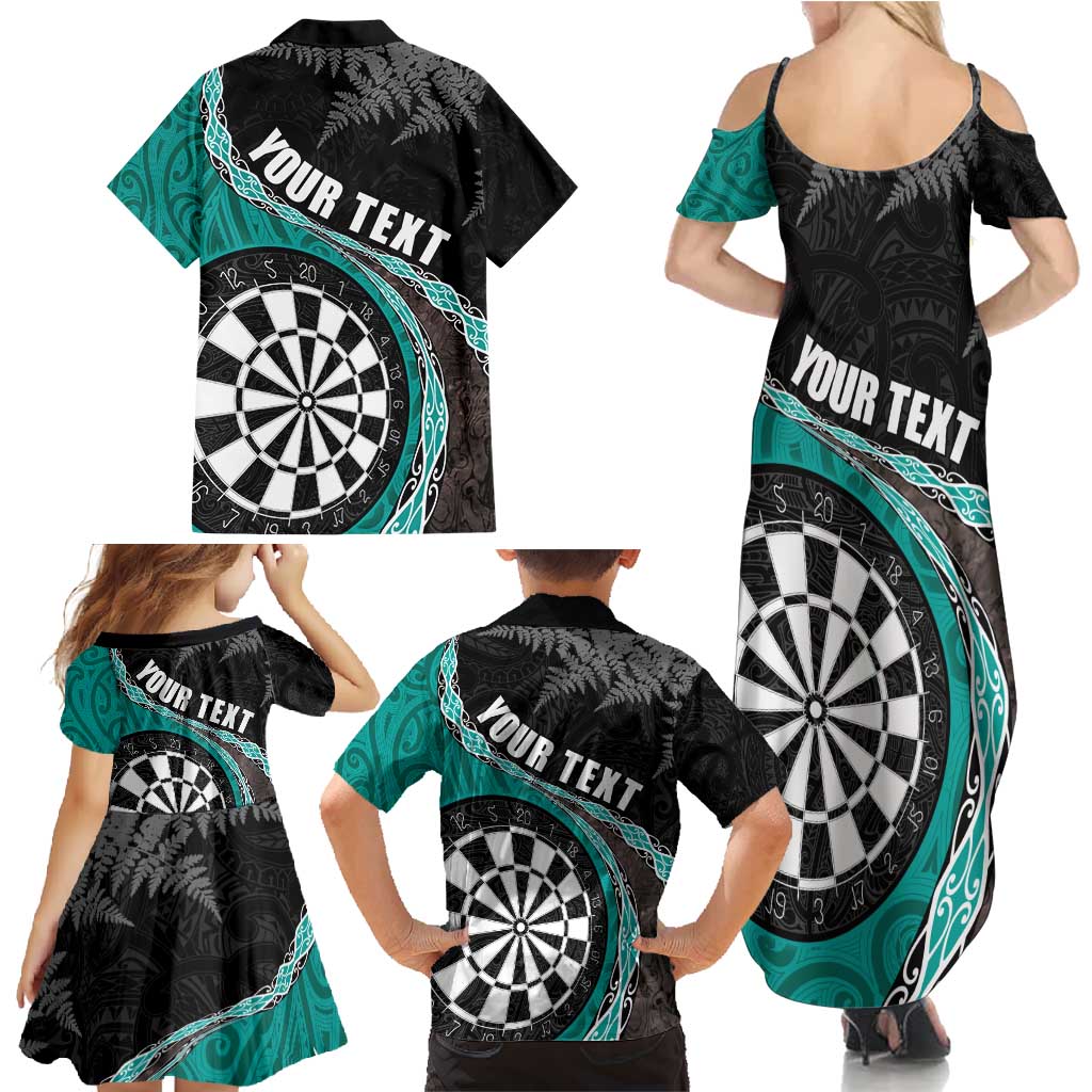 Personalised New Zealand Darts Family Matching Summer Maxi Dress and Hawaiian Shirt Koru Tribal Tattoo and Silver Fern Maori Pattern Teal Color LT03 - Polynesian Pride