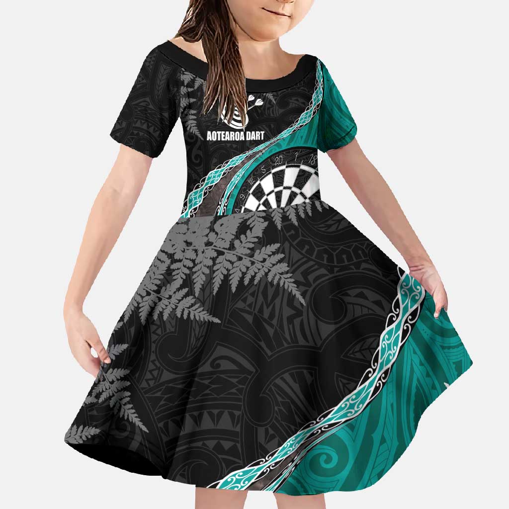 Personalised New Zealand Darts Family Matching Tank Maxi Dress and Hawaiian Shirt Koru Tribal Tattoo and Silver Fern Maori Pattern Teal Color LT03 Daughter's Dress Teal - Polynesian Pride