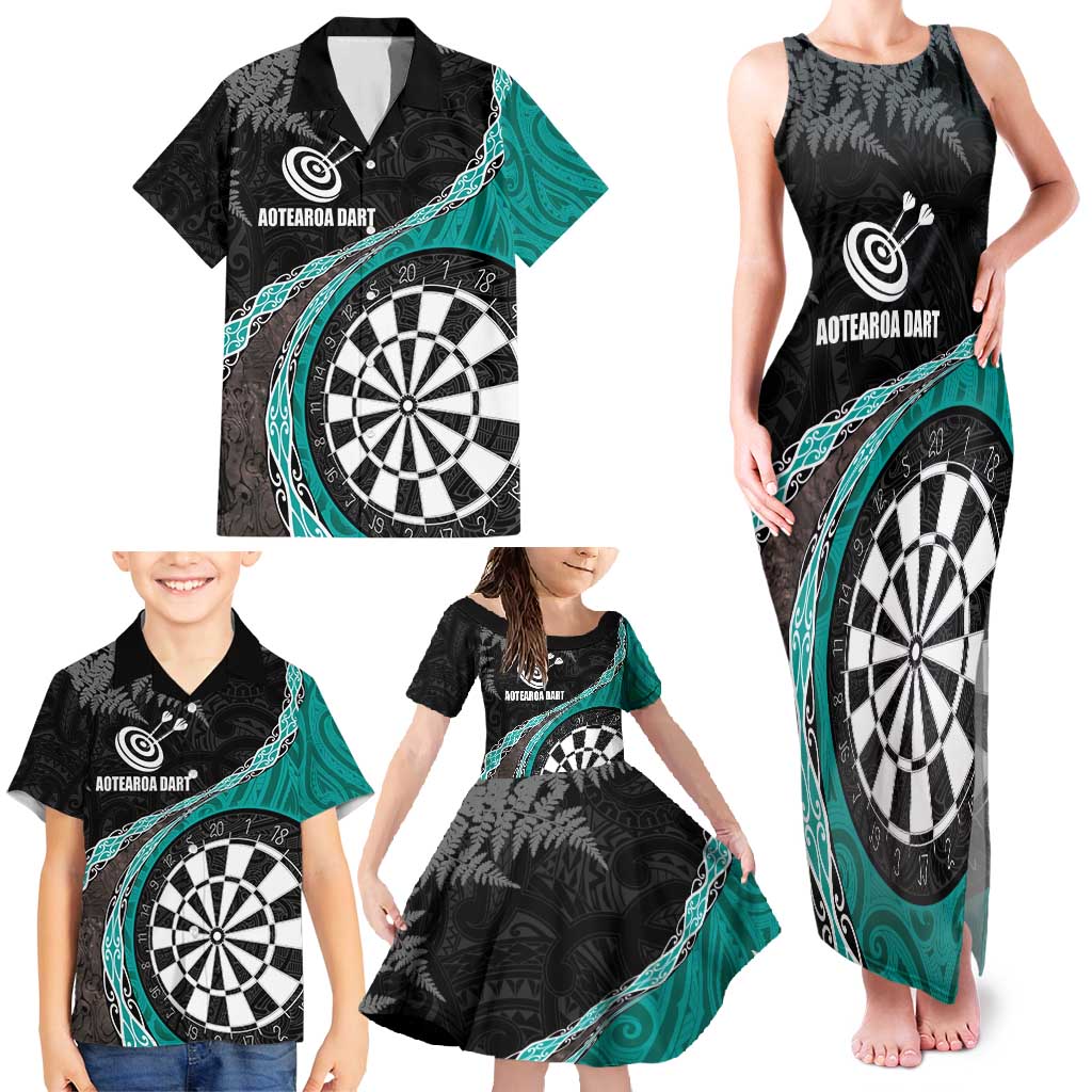 Personalised New Zealand Darts Family Matching Tank Maxi Dress and Hawaiian Shirt Koru Tribal Tattoo and Silver Fern Maori Pattern Teal Color LT03 - Polynesian Pride