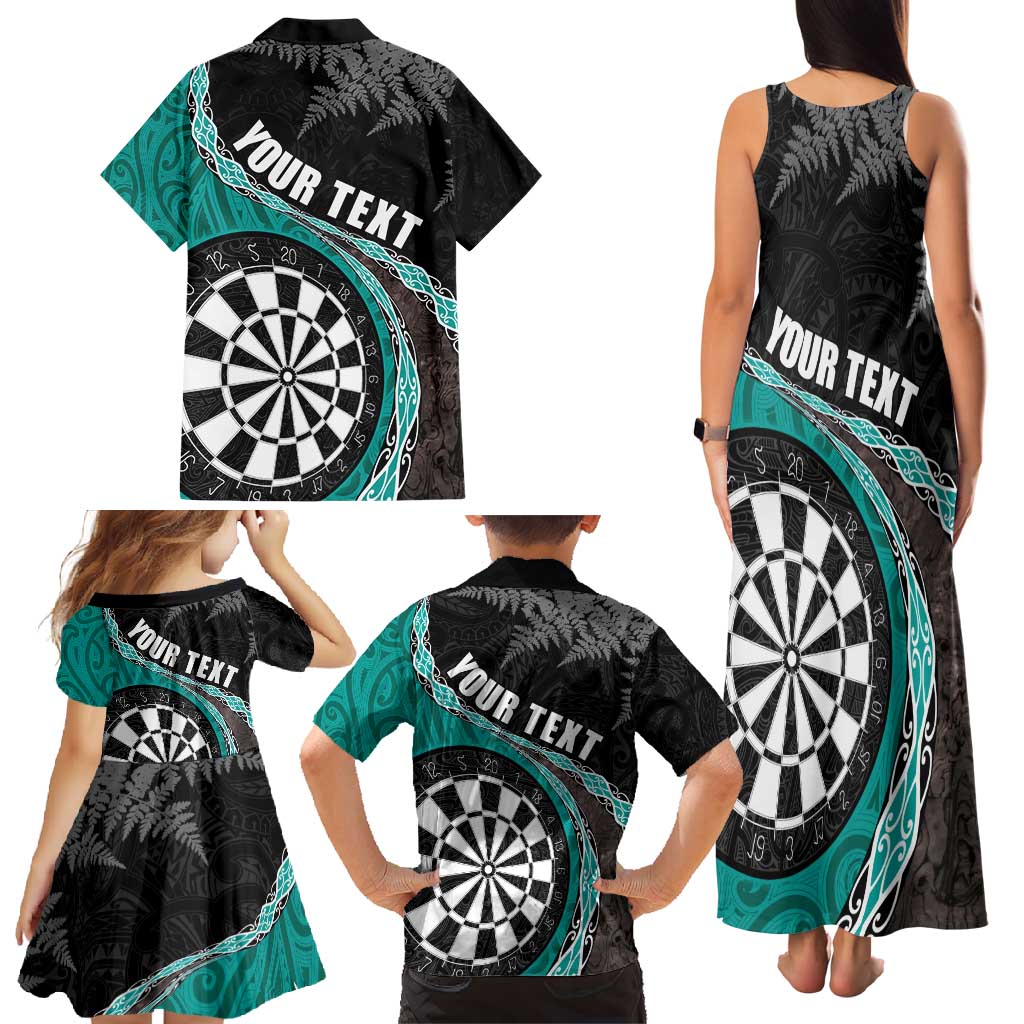 Personalised New Zealand Darts Family Matching Tank Maxi Dress and Hawaiian Shirt Koru Tribal Tattoo and Silver Fern Maori Pattern Teal Color LT03 - Polynesian Pride