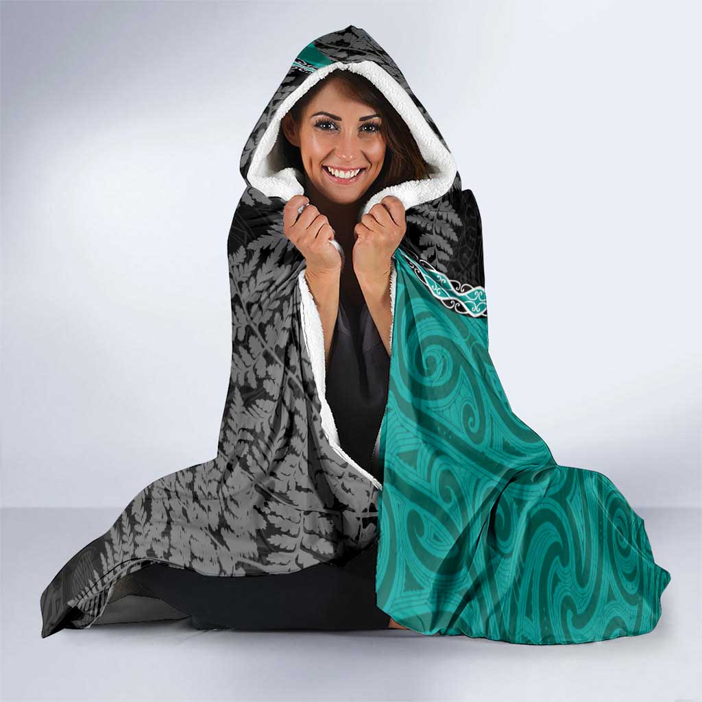 Personalised New Zealand Darts Hooded Blanket Koru Tribal Tattoo and Silver Fern Maori Pattern Teal Color LT03 - Polynesian Pride