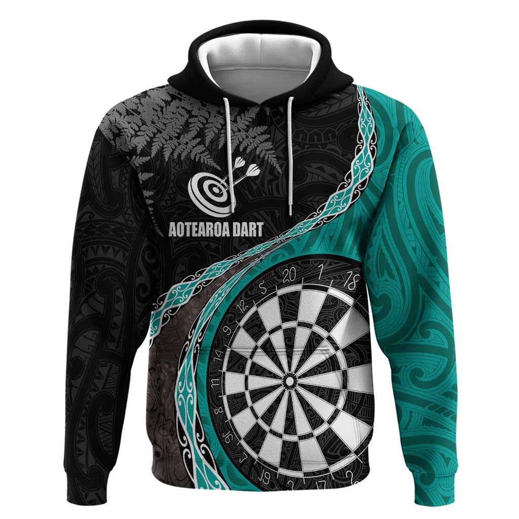 Personalised New Zealand Darts Hoodie Koru Tribal Tattoo and Silver Fern Maori Pattern Teal Color LT03 Pullover Hoodie Teal - Polynesian Pride