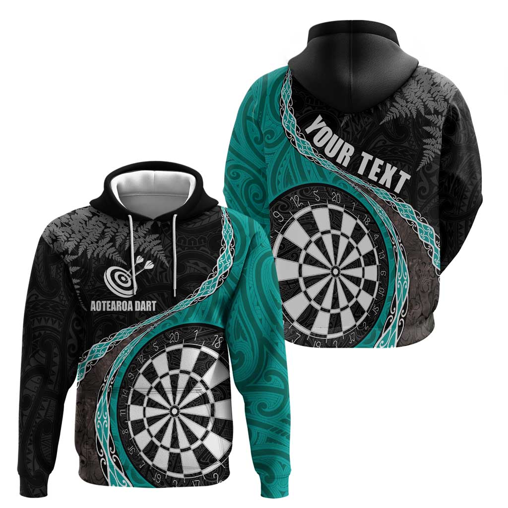 Personalised New Zealand Darts Hoodie Koru Tribal Tattoo and Silver Fern Maori Pattern Teal Color LT03 - Polynesian Pride