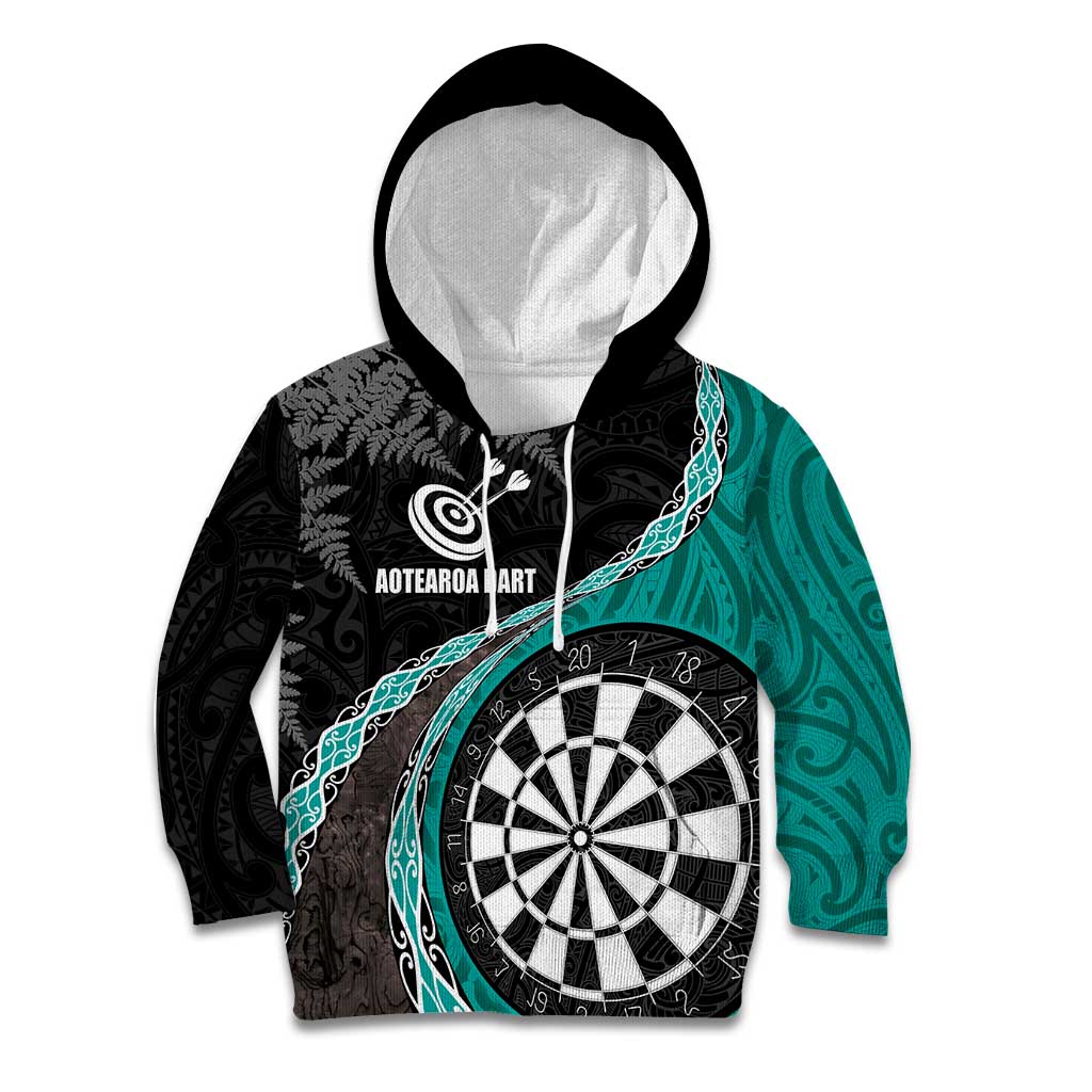 Personalised New Zealand Darts Kid Hoodie Koru Tribal Tattoo and Silver Fern Maori Pattern Teal Color LT03 Hoodie Teal - Polynesian Pride