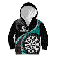 Personalised New Zealand Darts Kid Hoodie Koru Tribal Tattoo and Silver Fern Maori Pattern Teal Color LT03 Zip Hoodie Teal - Polynesian Pride