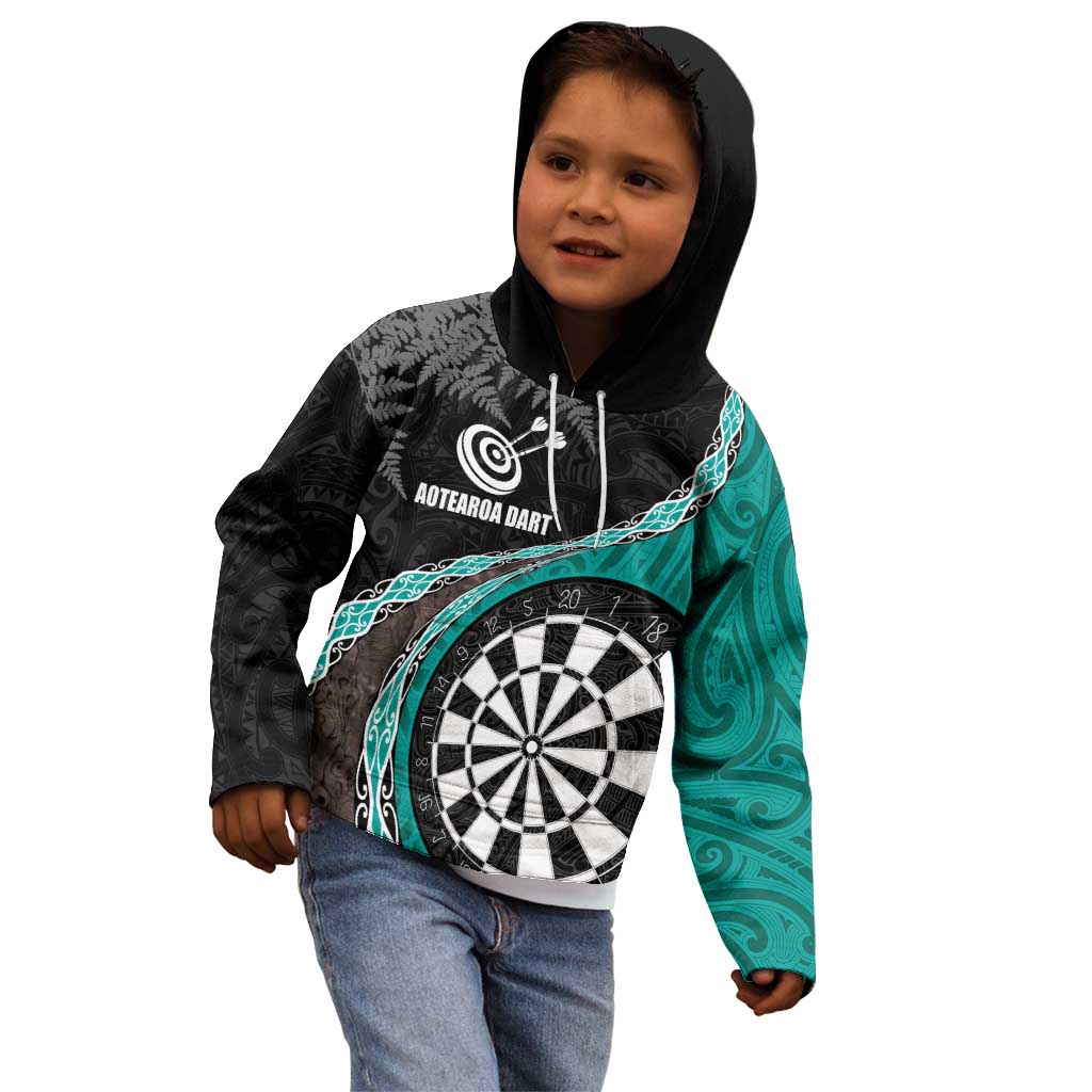 Personalised New Zealand Darts Kid Hoodie Koru Tribal Tattoo and Silver Fern Maori Pattern Teal Color LT03 - Polynesian Pride